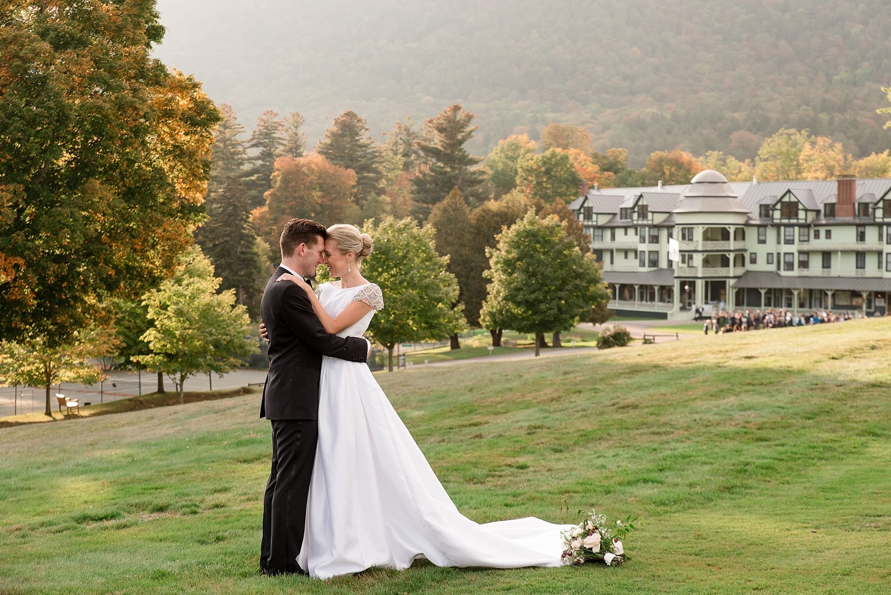 Stunning golden hour portrait on wedding day at the Ausable Club of Upstate NY