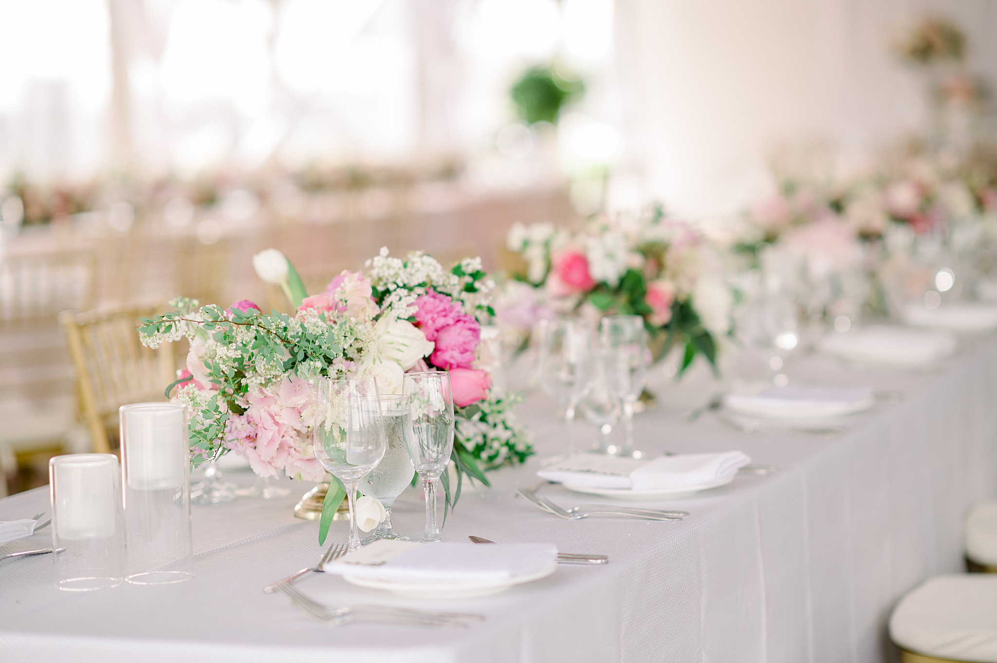 Renaissance Floral Design table centerpieces for garden inspired wedding at saratoga national