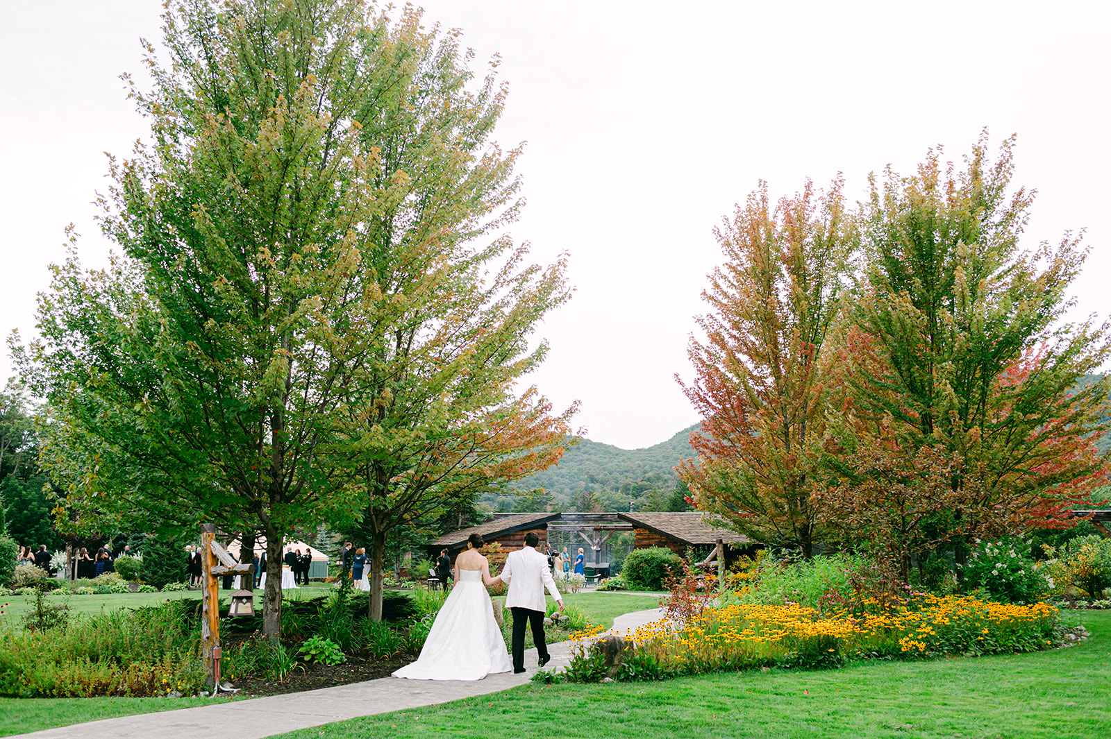 whiteface lodge wedding venue on a fall evening during cocktail hour