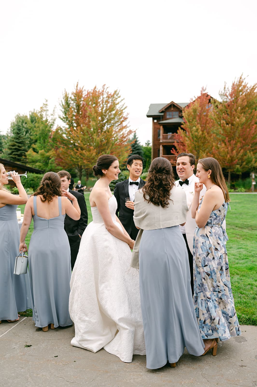 cocktail hour at the whiteface lodge in lake placid on a beautiful wedding night