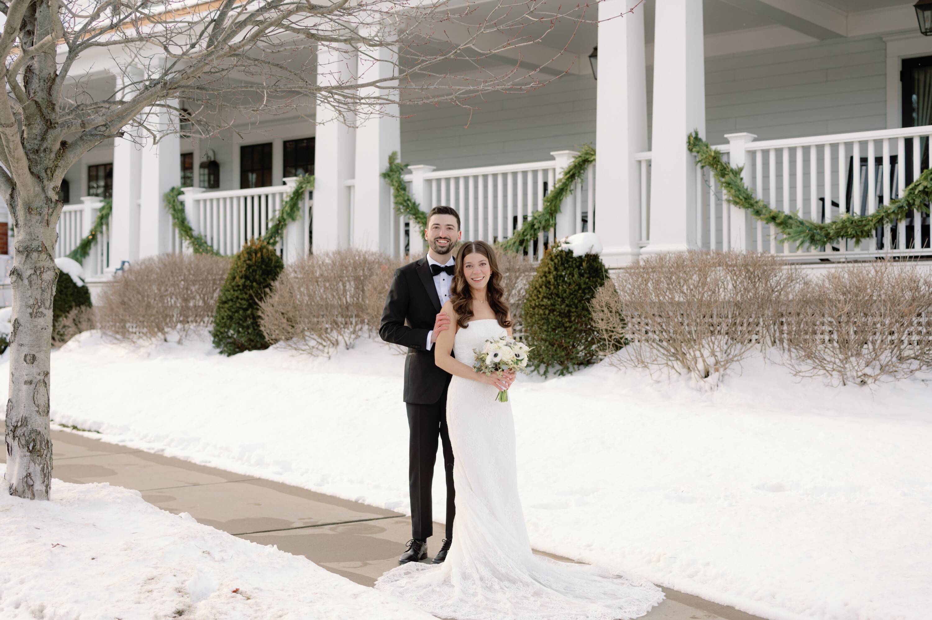 Bride and groom on their wedding day at the Kimpton Taconic Hotel wedding venue in the winter time by Julia Rebecca Photography